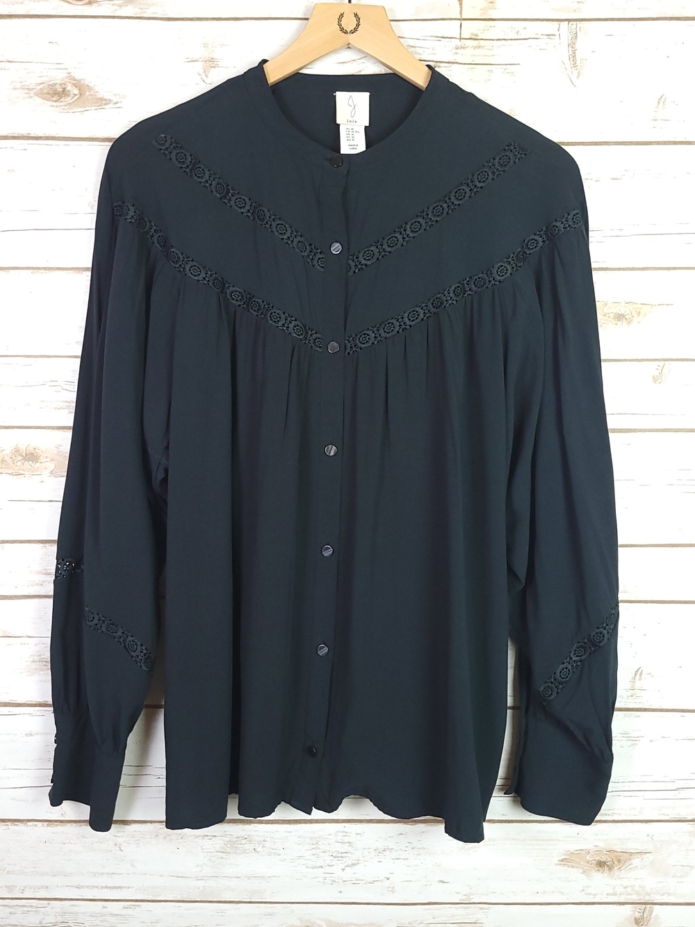 Joie Top Xlarge Black Lace Inset Button Front Long Sleeve Boho